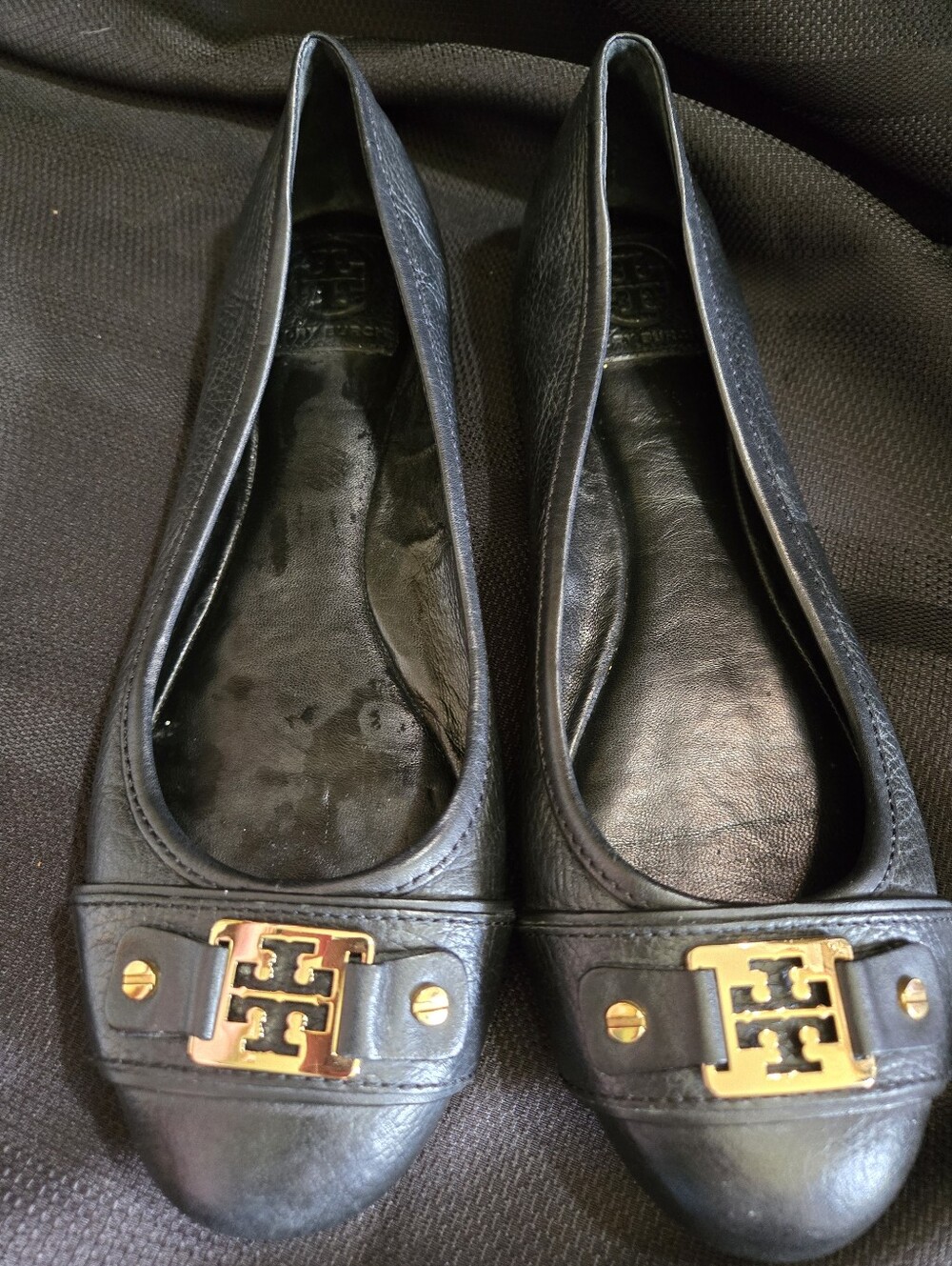 Tory Burch Black Leather Logo Ballet Flats with Gold Hardware